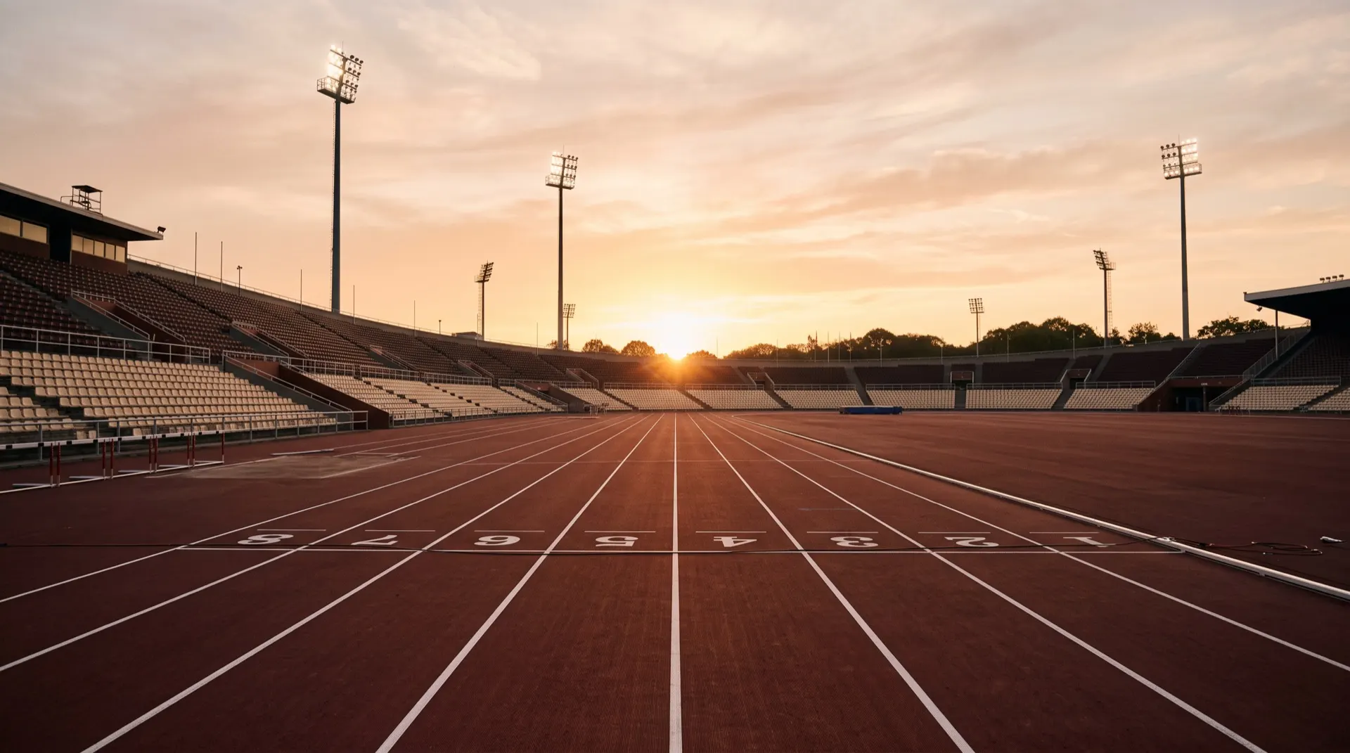Stadio di atletica deserto all'alba, con le corsie che portano all'orizzonte (immagine illustrativa)